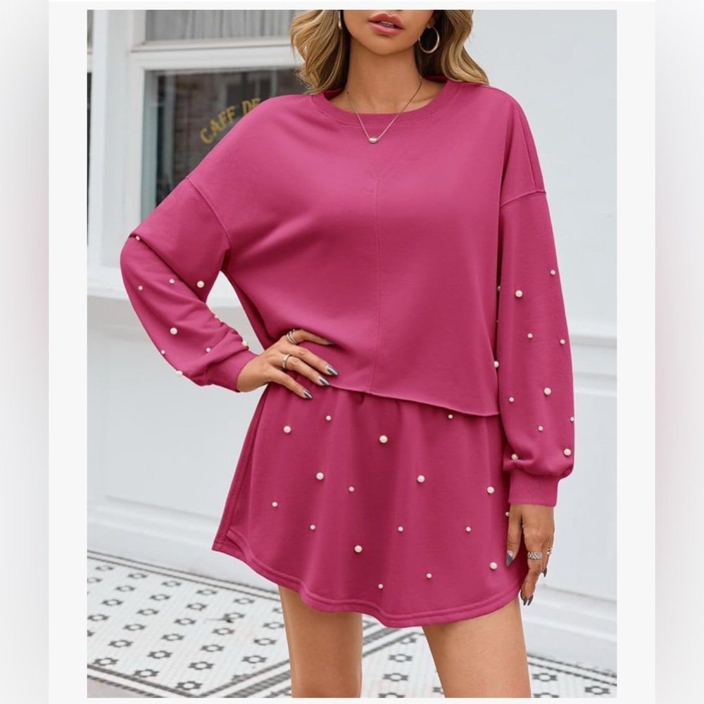 NWT Pink Long Sleeve Skort Set with Pearl Accents-S-Top & Skort